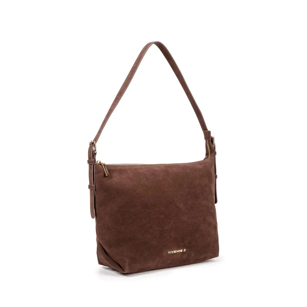 Borsa a spalla scamosciata colore testa di moro, firmata vivivenne d. Un accessorio perfetto per essere abbinato per look in ufficio oppure un look più elegante e una sera tra amiche per le vie di Firenze