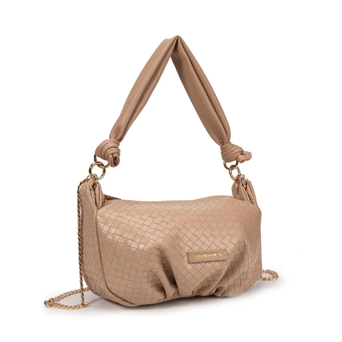 Borsa beige intrecciata in ecopelle, con manico morbido e catena dorata in ecopelle