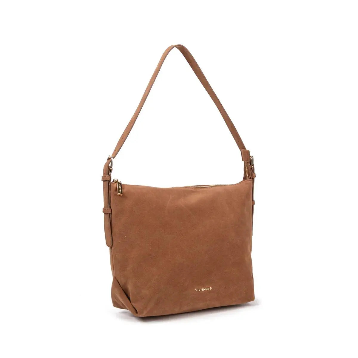 Borsa scamosciata con tracolla regolabile e logo dorato frontale