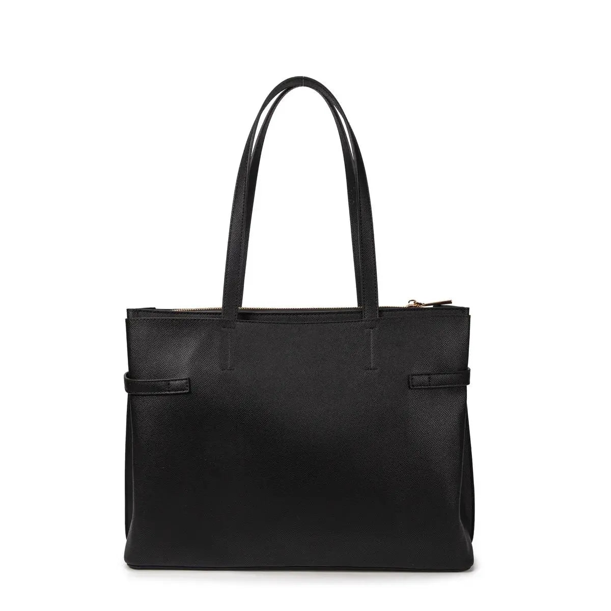 borsa shopper nera con cinturno argentato frontale e chiusura a zip