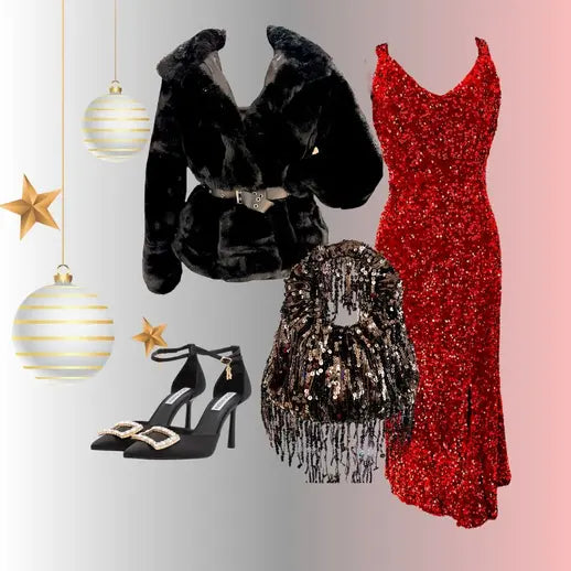 Idea di un outfit natalizio di colore rosso composto da abito lungo in paillettes rosso, pellicciotto nero manica lunga e borsa il paillettes nera con frange