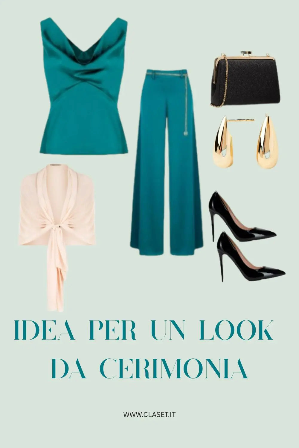 idea di outfit da cerimonia per questa primavera estate, composto da top in raso verde reale con drappeggio frontale e pantalone a palazzo verde reale in raso. Abbinalo con accessori neri e oro per un tocco elegante