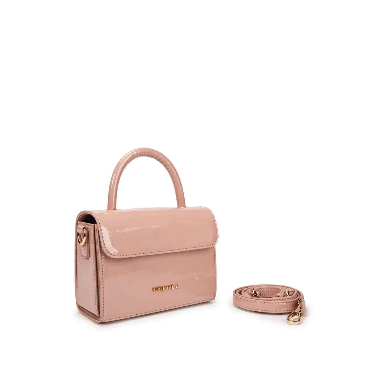 Mini bag rigida laccata color cipria e firmata vivienne d, è un accessorio eleante che rende il tuo look particolare e originale