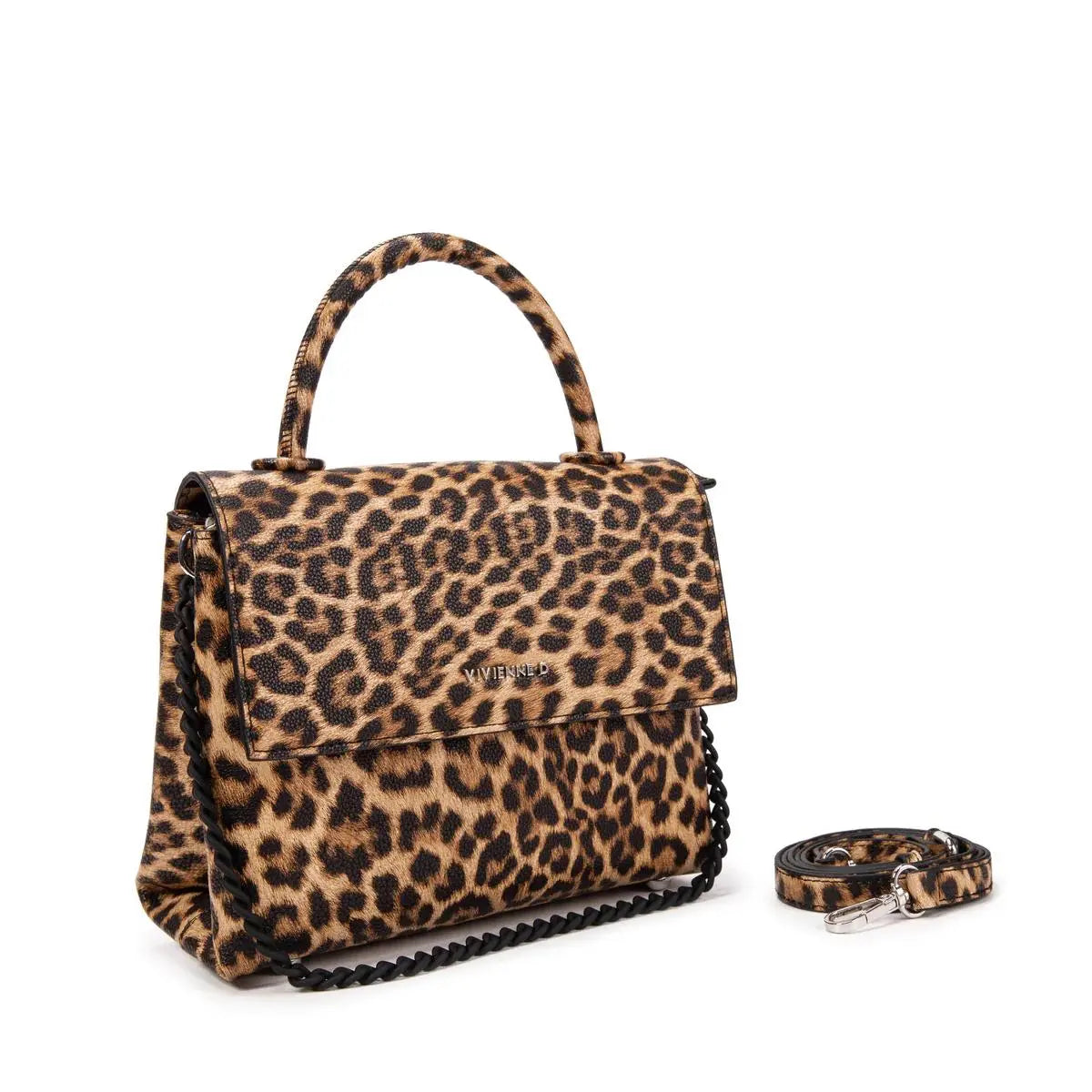 mini borsa animalier, firmata vivienne d in ecopelle, con chiusura magnetica e traolla removibile e regolabile