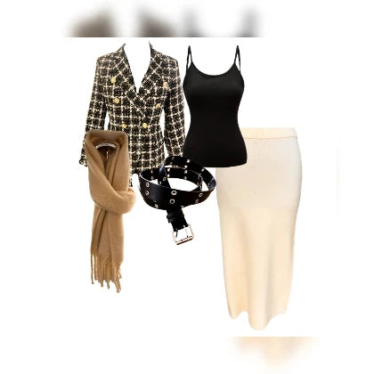Outfit Casual con Gonna lunga bianca top nero giacca, cintura nera e sciarpa marrone