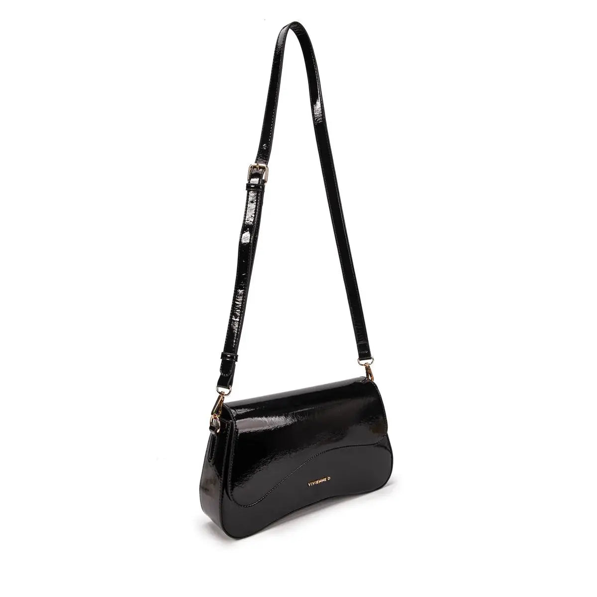 elegante pochette nero lucido con chiusura magnetica e firmata vivienne d