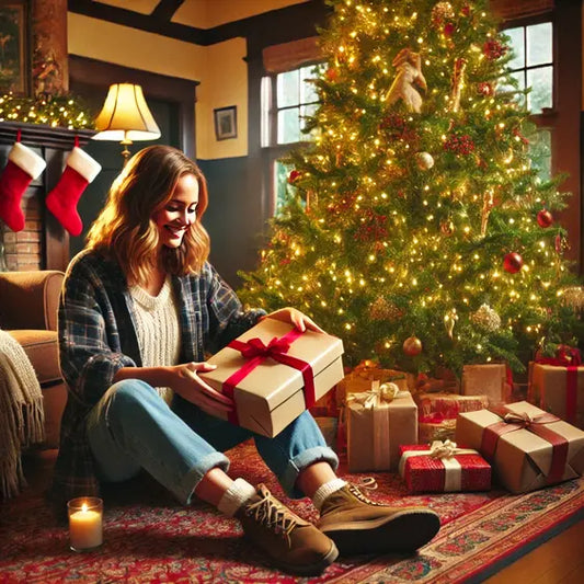Donna che apre regalo di natale sotto all'albero di natale