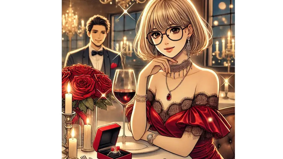 sanvalentino ragazza con abito rosso in ristorante che riceve un anello