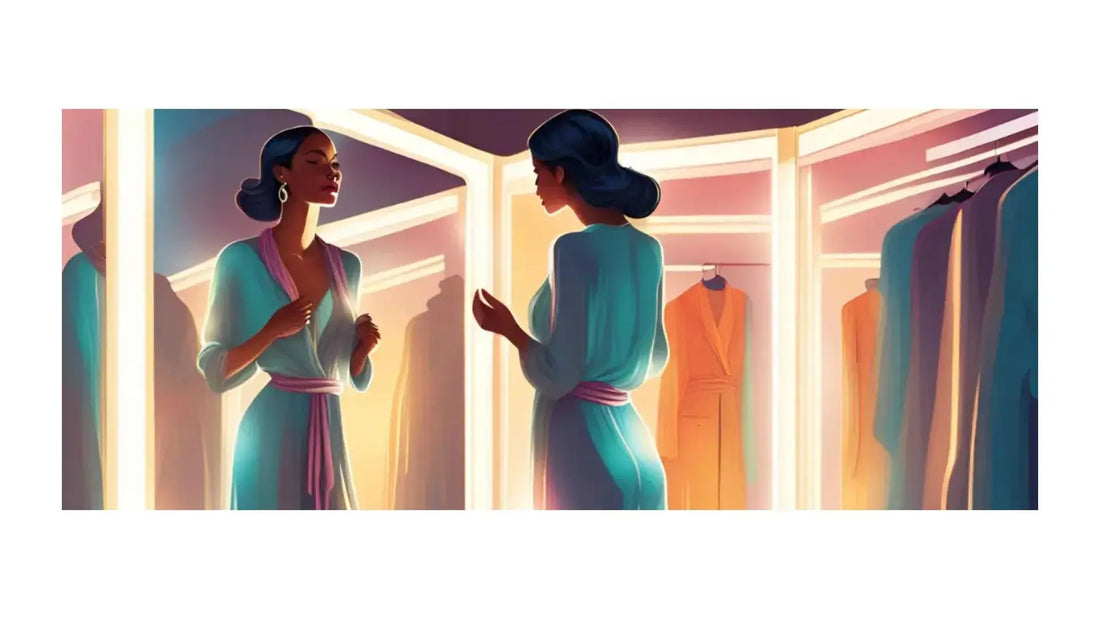 Donna che si specchia in una stanza di specchi per indossare l'outfit perfetto
