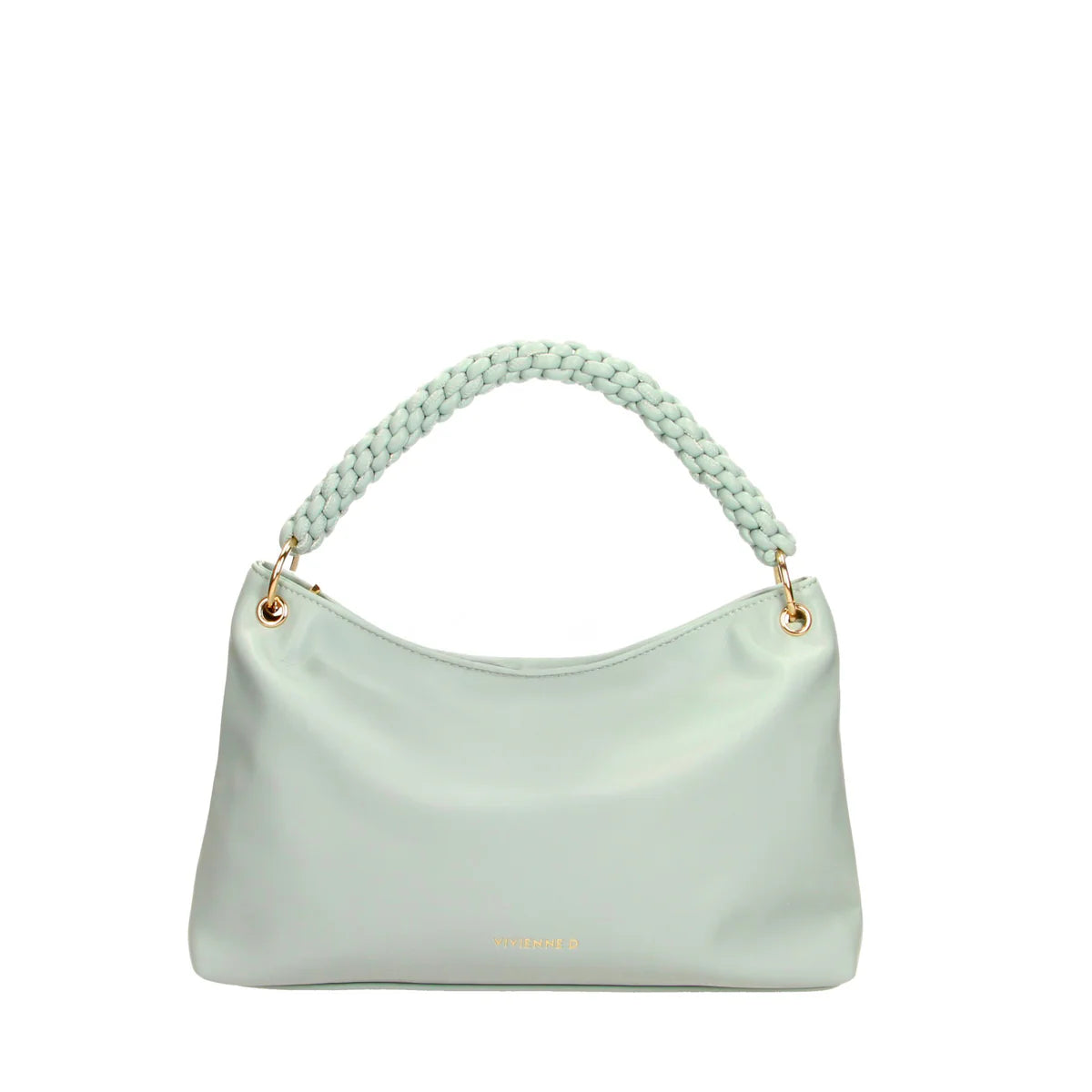 Borsa a spalla color azzurro con silhouette morbida e minimal, manico corto intrecciato fissato con anelli dorati e piccolo logo dorato frontale su superficie liscia.