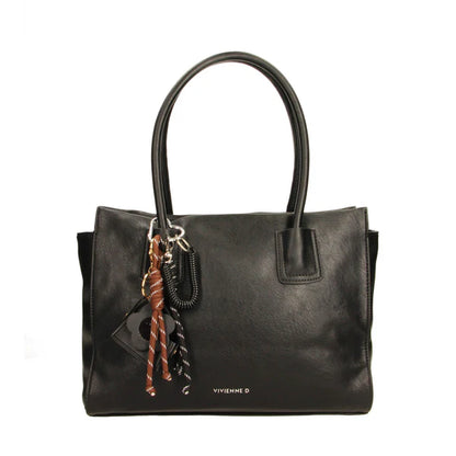 Borsa in semilpelle nera con doppi manici lunghi, logo “Vivienne D” sul davanti e charm decorativo con laccetti intrecciati applicato al manico.