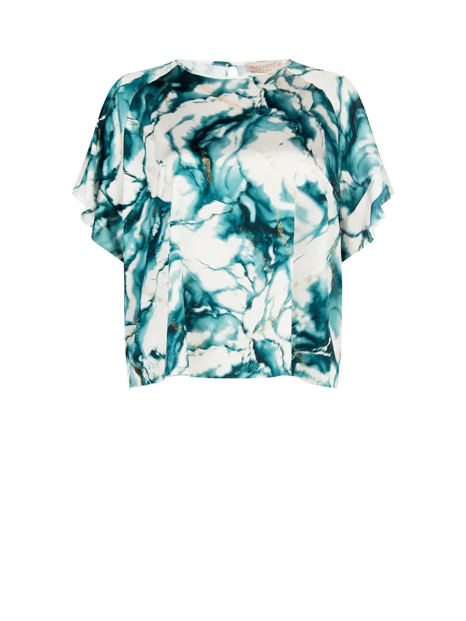 Blusa curvy in fantasia beige e verde reale, un capo perfetto per una cerimonia, una laurea o un evento elegante primaverile