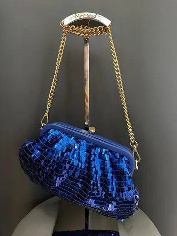 borsa semiluna con paillettes da sera bluette