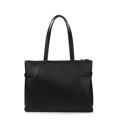 borsa shopper nera con cinturno argentato frontale e chiusura a zip