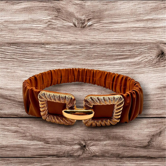 cintura con fibbia in oro elasticizzata color cammello
