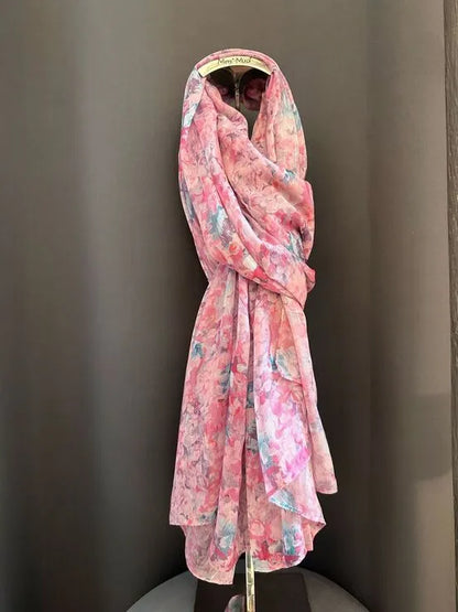 foulard in viscosa su base rosa cipria e colori caldi 