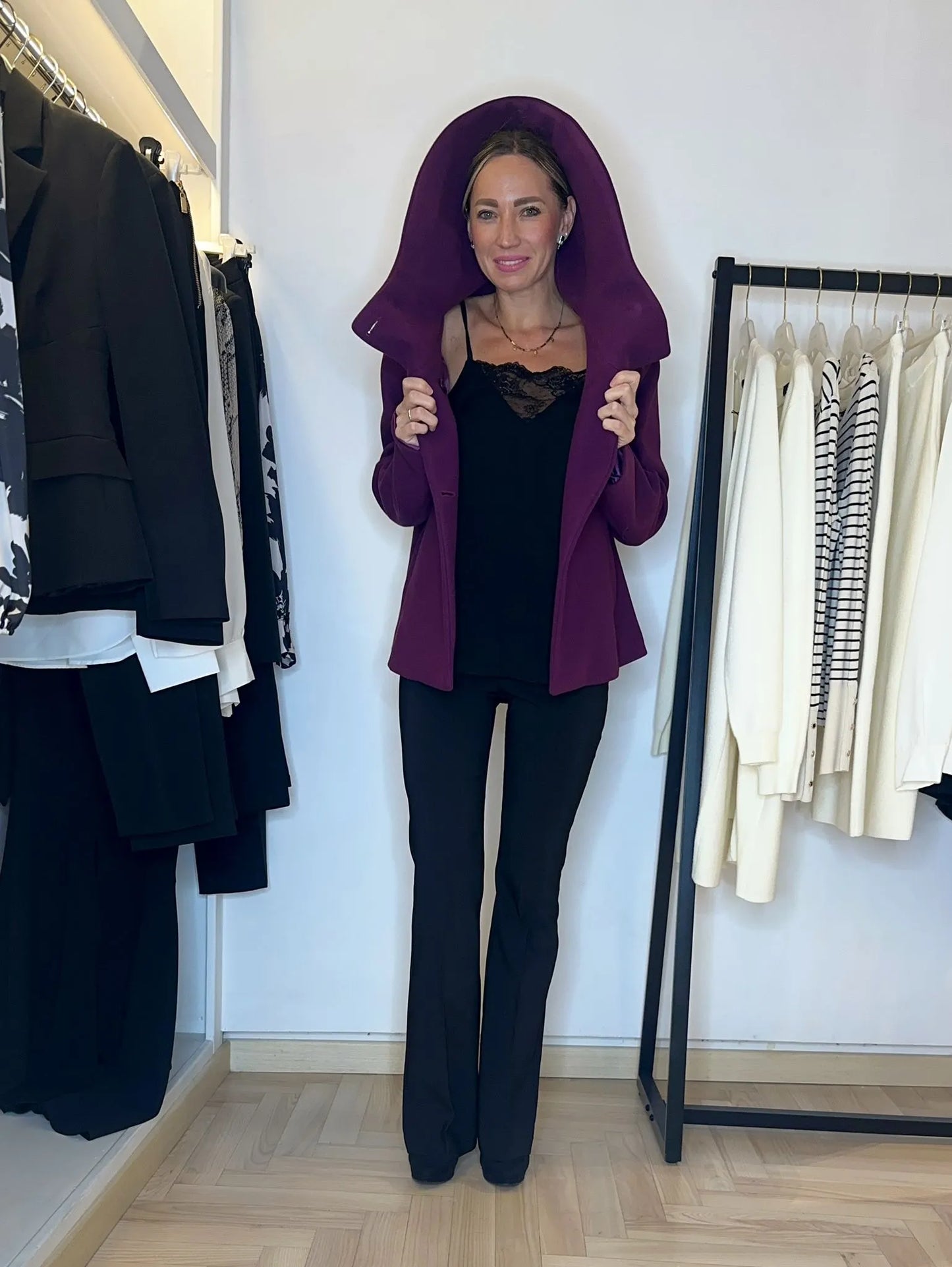 cappotto cappuccio, corto, magenta