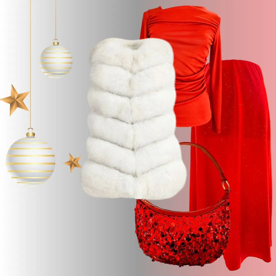 outfit comodo ed elegante composto da gonna midi rossa effetto satinata, maglia aderente rossa con dettagli in oro, pellicciotto bianco smanicato e borsa in paillettes rosse