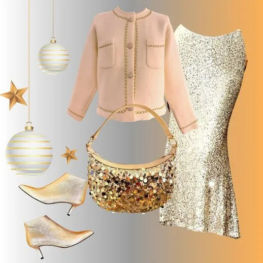 Outfit chic e comodo composto da giacca con dettagli in oro, gonna midi in paillettes beige e borsa in paillettes oro a mano