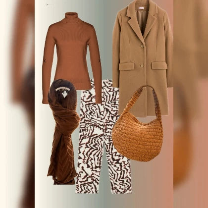  infografica con un outfit autunnale e dolcevita abbinato ad un cappotto beige e una borsa trapuntata, sciarpa e jeans fantasia a sigaretta negozio di abbigliamento di firenze