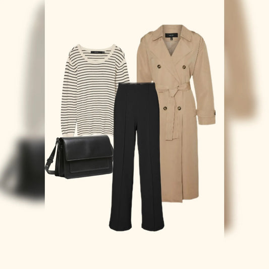 outfit Beige da ufficio con pantalone nero, trench beige, maglia a righe, borsa nera