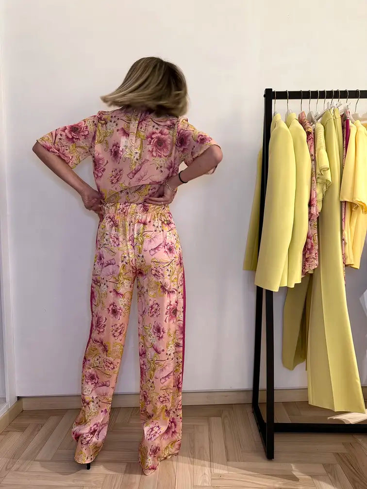 Pantalone stampa barocca rosa giallo con banda laterale– ideale per look sofisticato e femminile
