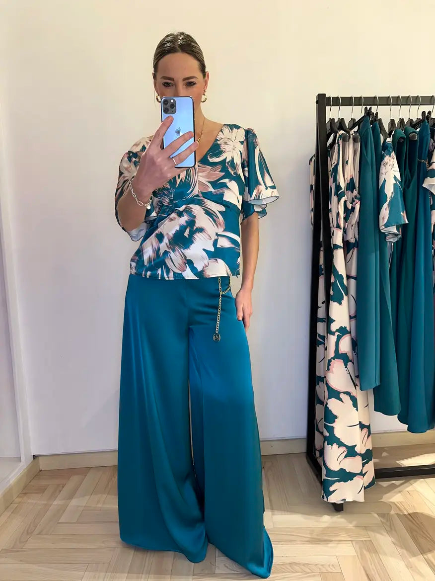 pantalone ampio in raso verde reale 