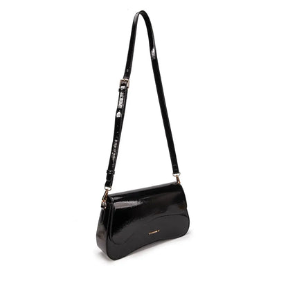 elegante pochette nero lucido con chiusura magnetica e firmata vivienne d